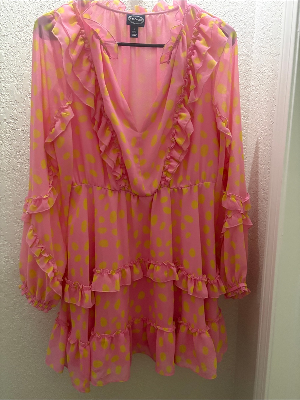 Scoop Pink Long-Sleeve Ruffle Tiered Dress with Yellow Polka Dots